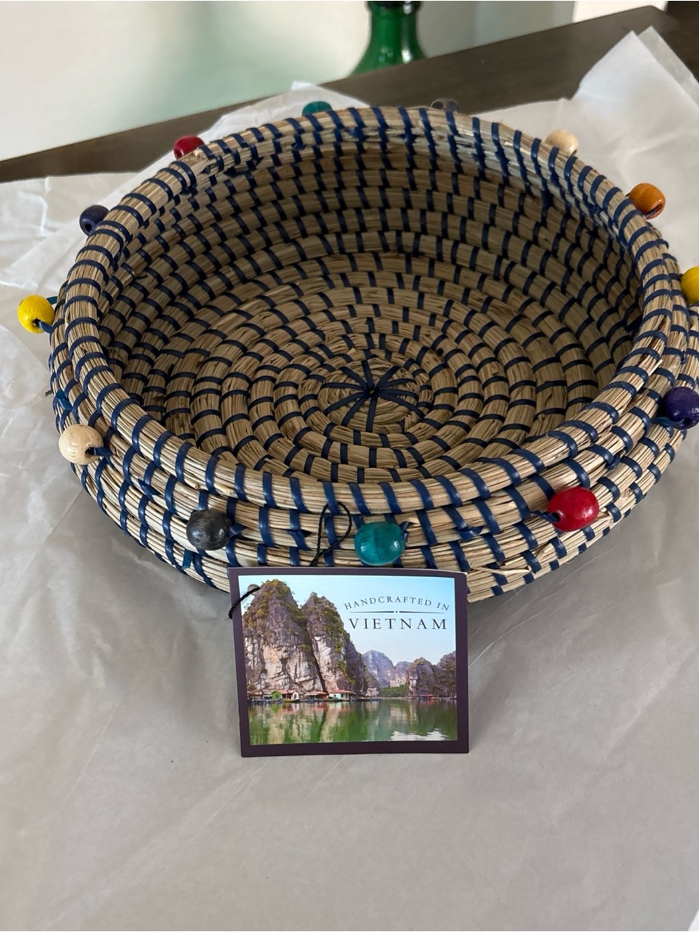 Vietnamese Artisan Handmade Seagrass Basket Multicolored Beads Trim 8.5" W